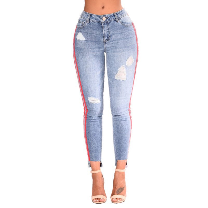 Denim stretch hole fashion ribbon denim high waist pants