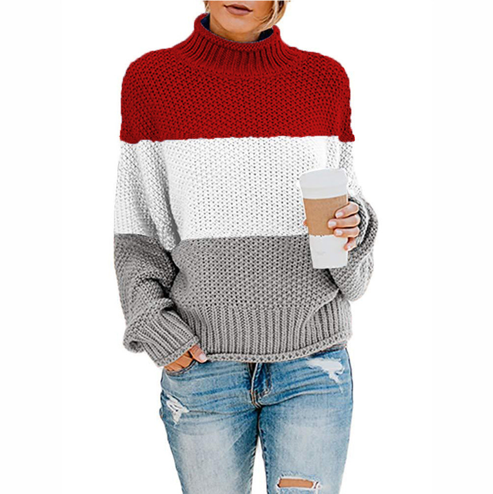 Thick line color matching high neck pullover