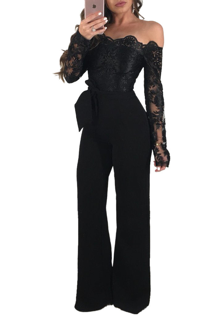 Lace-neck wide-leg jumpsuit - 4KsApparels