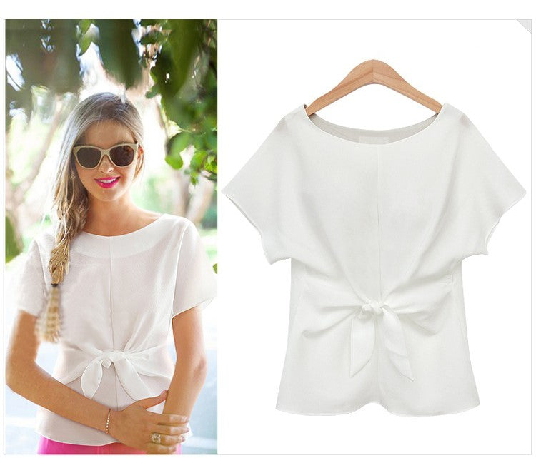 USA SIZE Round neck chiffon shirt short-sleeved T-shirt bow tie chiffon shirt