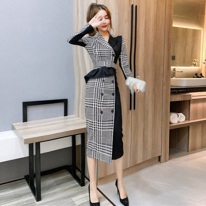 Suit collar waist slimming mid-length dress