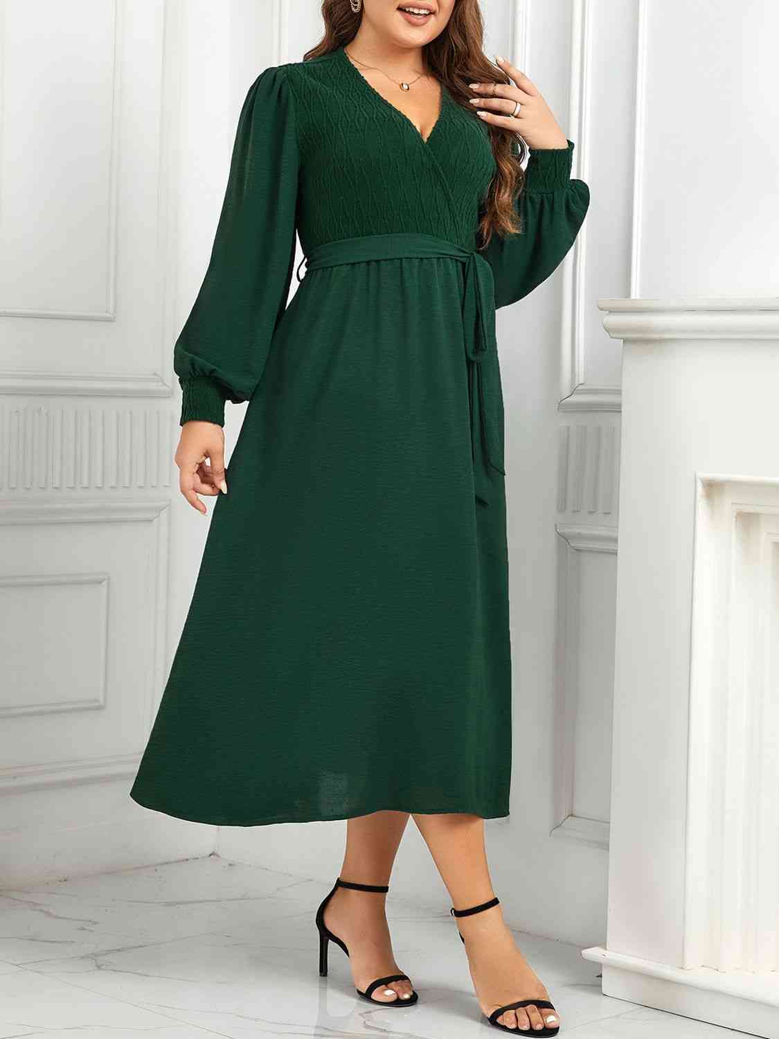 Plus Size Surplice Neck Tie Waist Long Sleeve Midi Dress