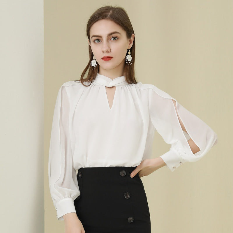 Women's See-through Pleated Long Sleeve Chiffon Shirt