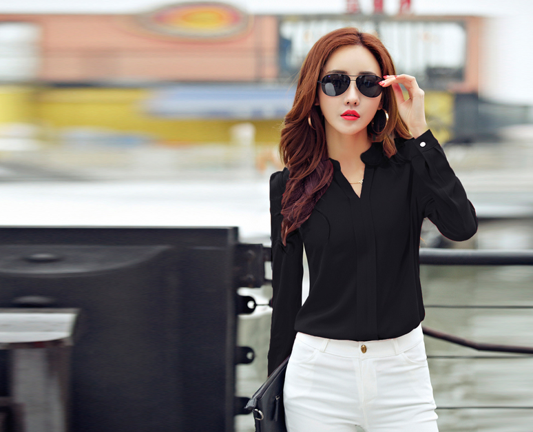 2021 autumn new women's shirt white shirt V-neck slim long-sleeved chiffon shirt