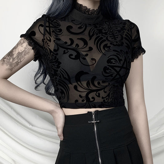 Short sleeve open navel sexy top with lace edge