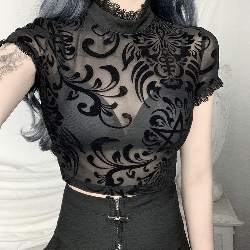 Short sleeve open navel sexy top with lace edge