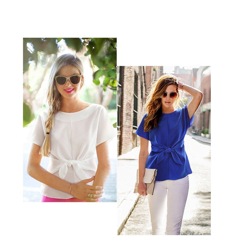 USA SIZE Round neck chiffon shirt short-sleeved T-shirt bow tie chiffon shirt