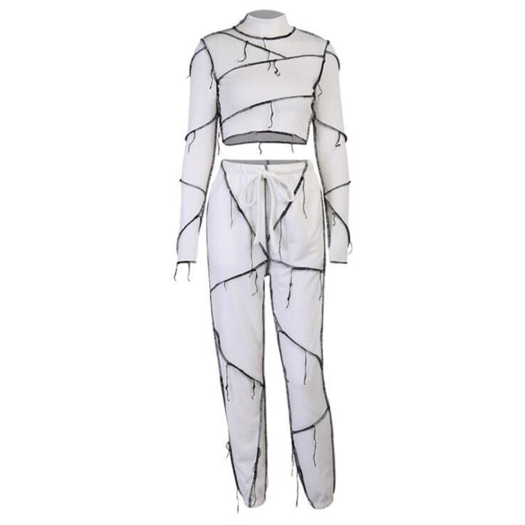 Europe And The United States 2021 Fashion Line Stitching Pant Suit Sexy Slim Stitching Long-Sleeved Top Two-Piece