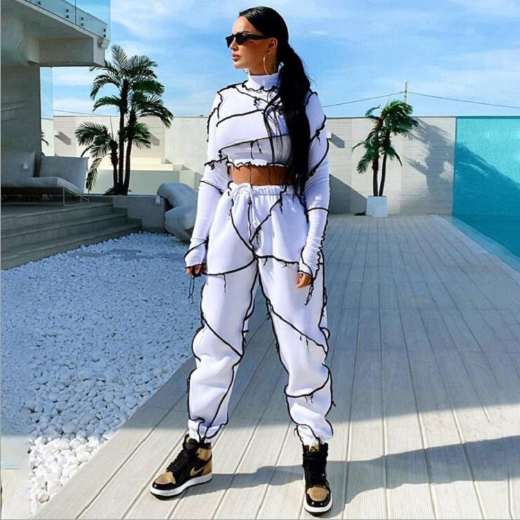 Europe And The United States 2021 Fashion Line Stitching Pant Suit Sexy Slim Stitching Long-Sleeved Top Two-Piece