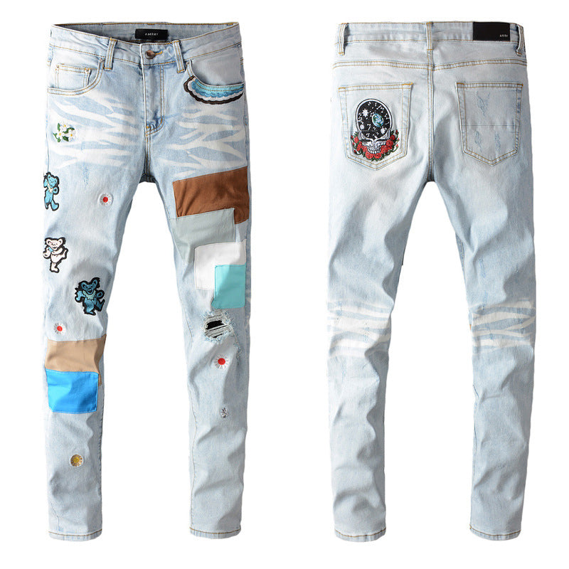 Men'S Jeans Light Blue Washed Badge Stitching