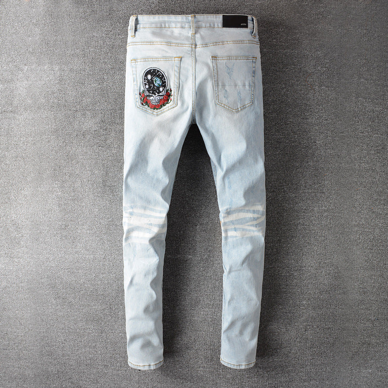 Men'S Jeans Light Blue Washed Badge Stitching