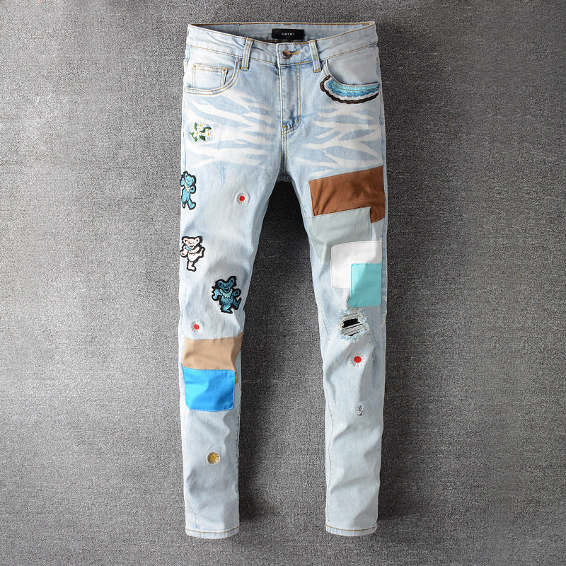 Men'S Jeans Light Blue Washed Badge Stitching