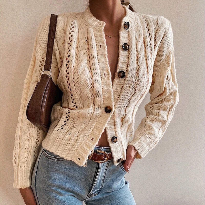 Half-High Collar Single-Breasted Sweater Coat Solid Color Long-Sleeved Cardigan Retro Cardigan Sweater