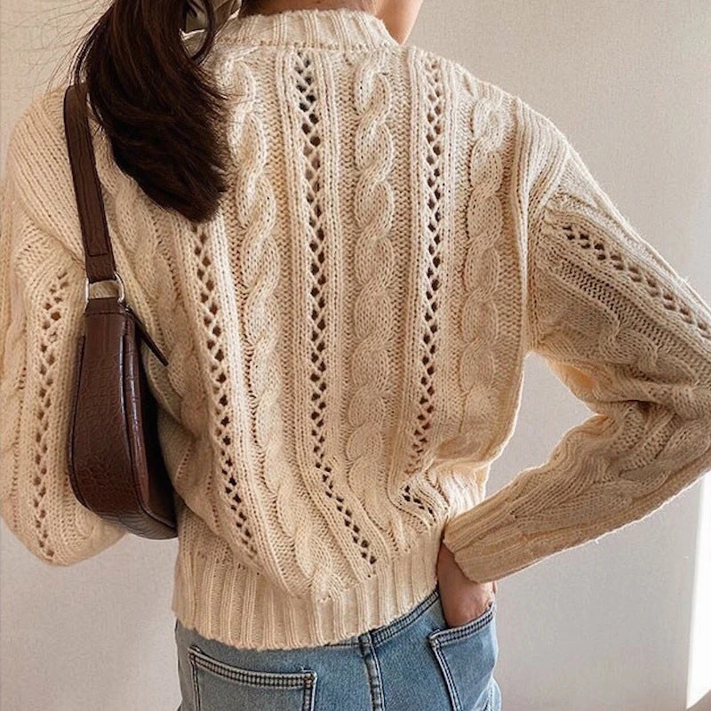 Half-High Collar Single-Breasted Sweater Coat Solid Color Long-Sleeved Cardigan Retro Cardigan Sweater