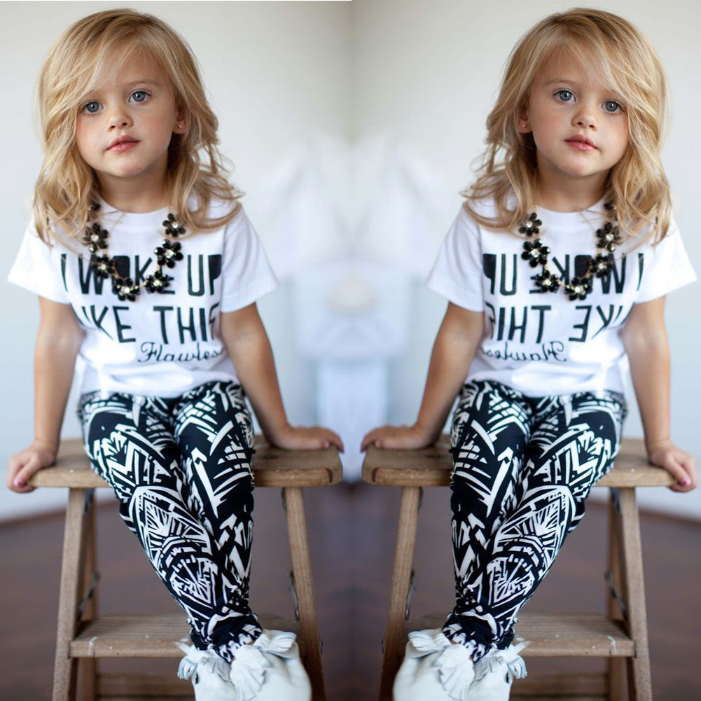 Letter Short-Sleeved T-Shirt Geometric Print Pants Two-Piece Suit