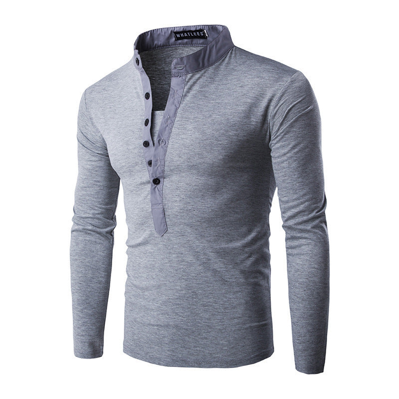 Stand-up Collar Casual Button Placket Slim Long-Sleeved T-shirt