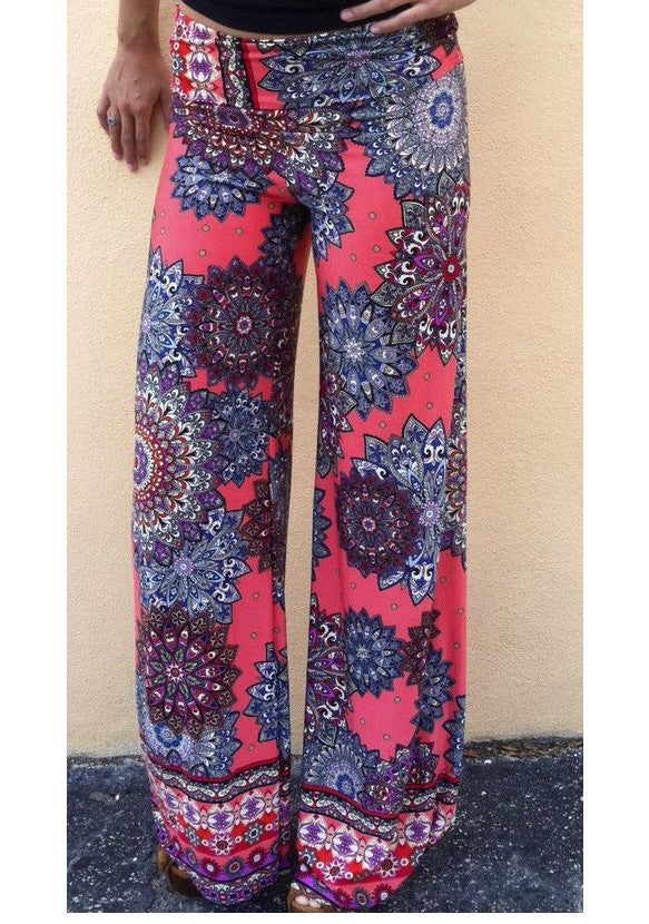 Women Floral Casual Wide Leg Long Harem Pants High Waist Loose Elastic Waist Palazzo Trousers Plus Size New Beach Pants