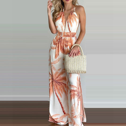 Halter Colorful High-waisted Wide-leg Jumpsuit