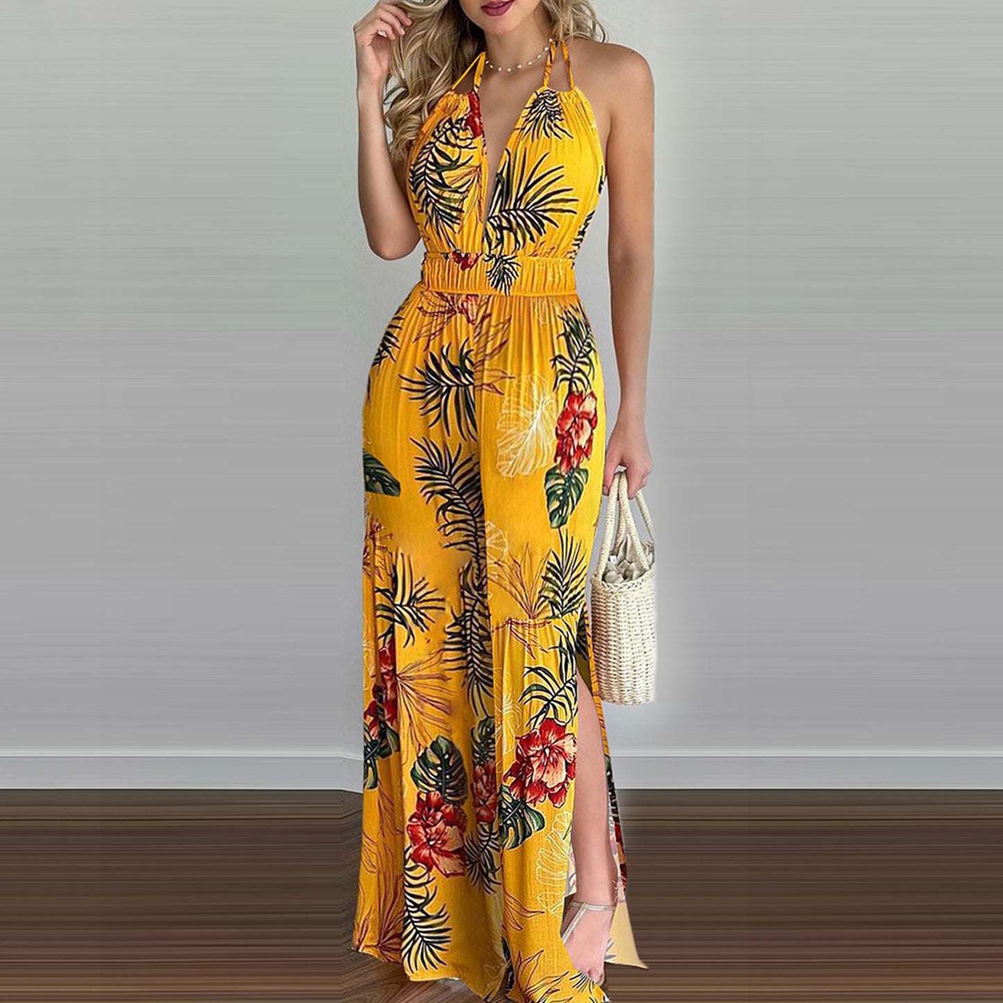 Halter Colorful High-waisted Wide-leg Jumpsuit