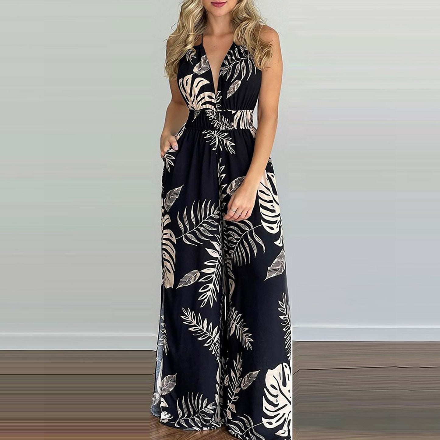 Halter Colorful High-waisted Wide-leg Jumpsuit