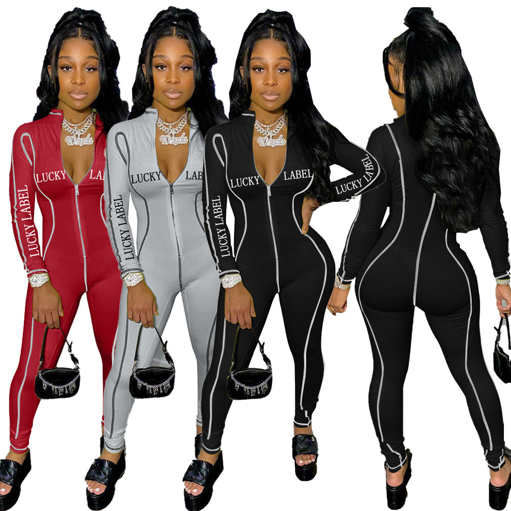 European and American alphabet print sexy zipper jumpsuit - 4KsApparels