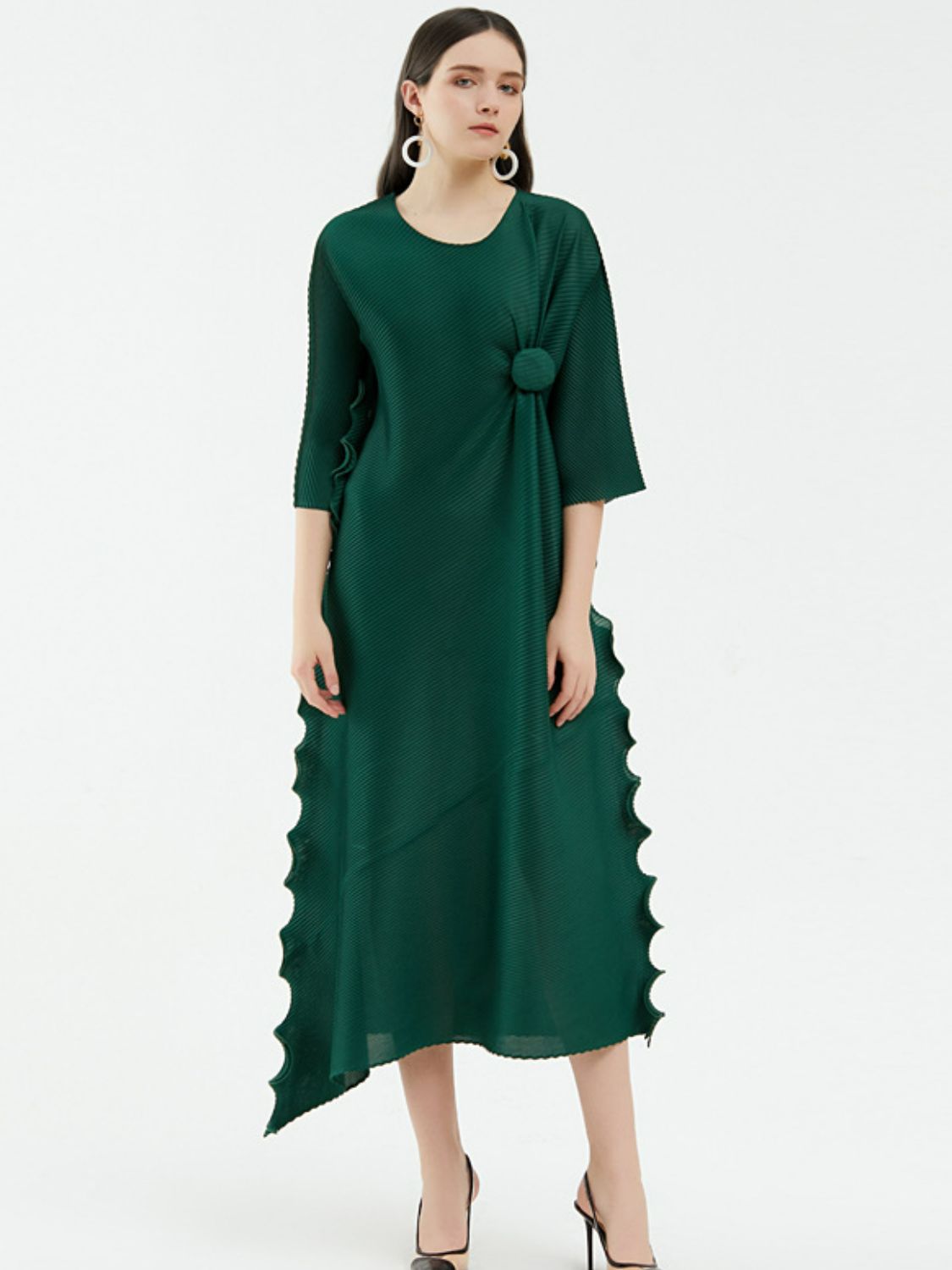 Accordion Pleated Gathered Detail Midi Dress