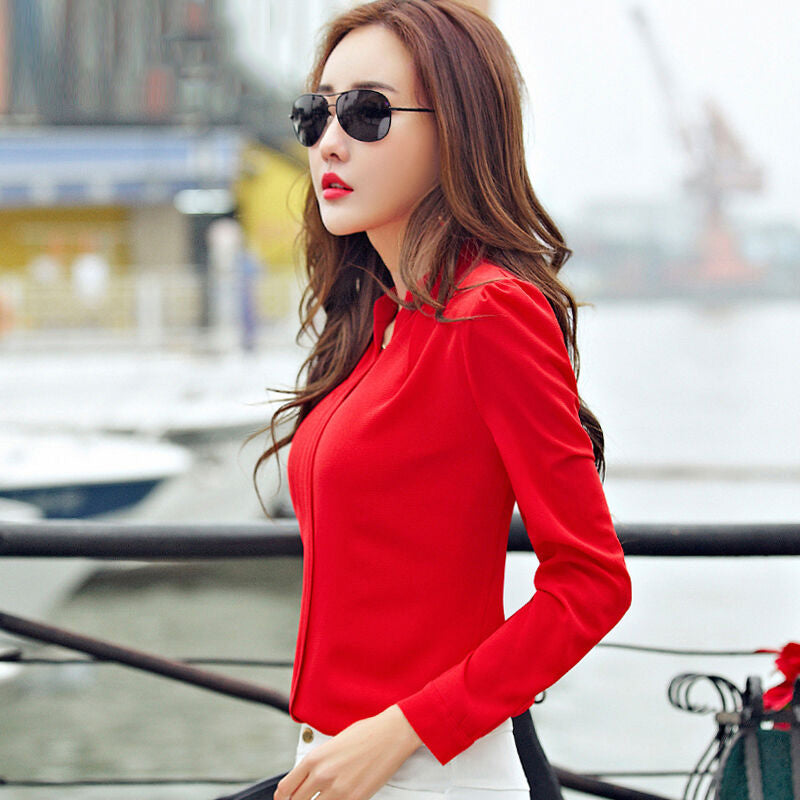 2021 autumn new women's shirt white shirt V-neck slim long-sleeved chiffon shirt