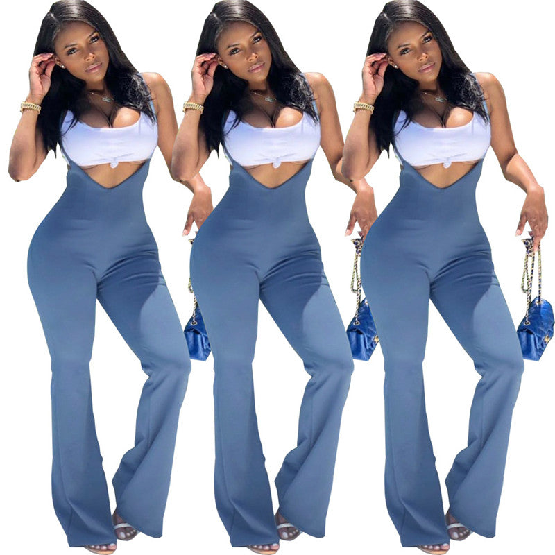 Pure color suspender zipper jumpsuit - 4KsApparels