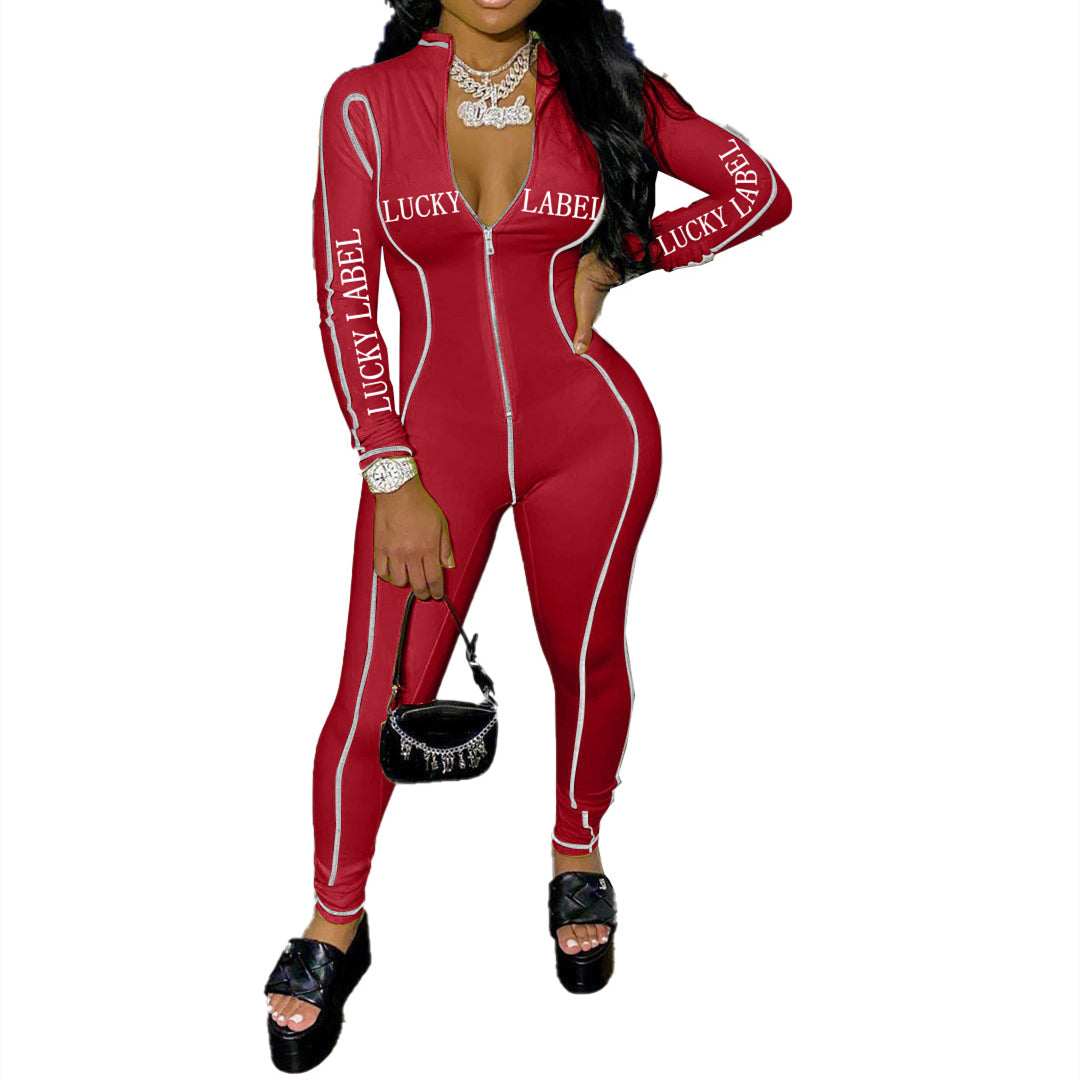 European and American alphabet print sexy zipper jumpsuit - 4KsApparels