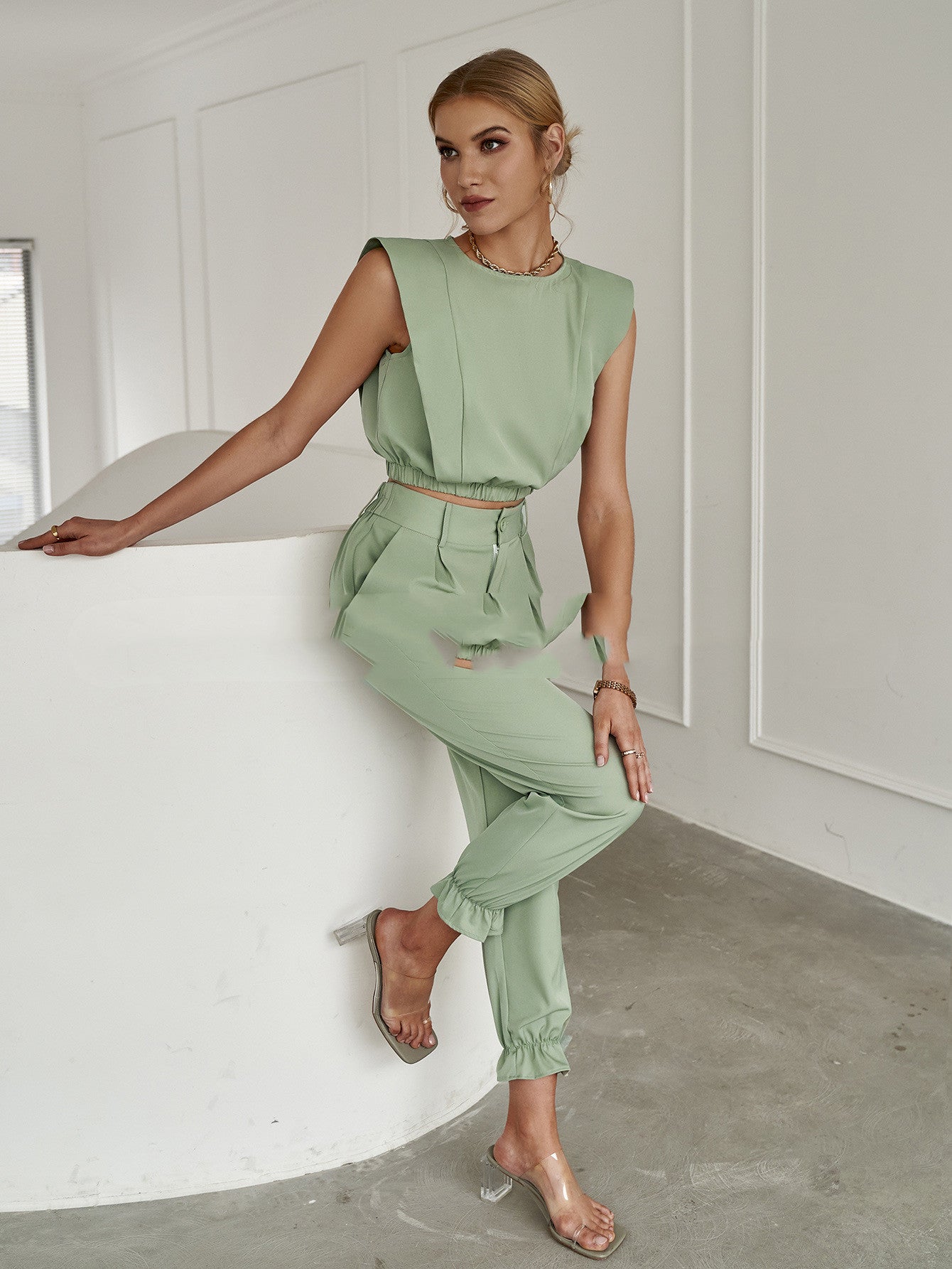 Solid Color Tank Top Sleeveless Pants Suit Thickened Casual Green