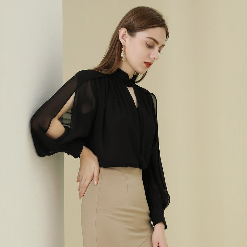 Women's See-through Pleated Long Sleeve Chiffon Shirt