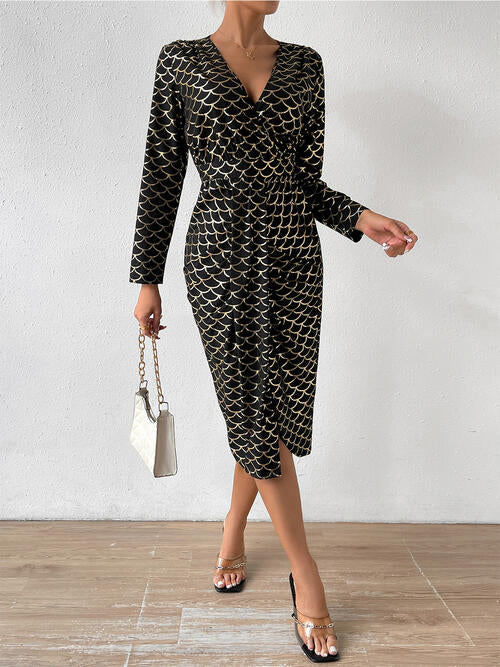 Printed Surplice Long Sleeve Slit Dress