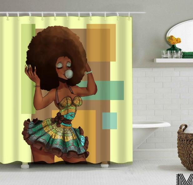 Art Design Graffiti Art Hip Hop African Girl with Black Hair Big Earring with Modern Building Shower Curtain for Bathroom Decor