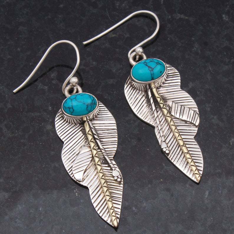 Boho Feather Turquoise Earrings Euramerican