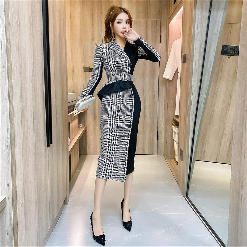 Suit collar waist slimming mid-length dress