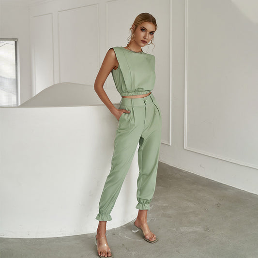Solid Color Tank Top Sleeveless Pants Suit Thickened Casual Green