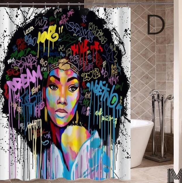 Art Design Graffiti Art Hip Hop African Girl with Black Hair Big Earring with Modern Building Shower Curtain for Bathroom Decor