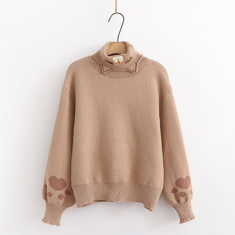 Women's Autumn Half Turtleneck Kitten Embroidered Knit Sweater - 4KsApparels