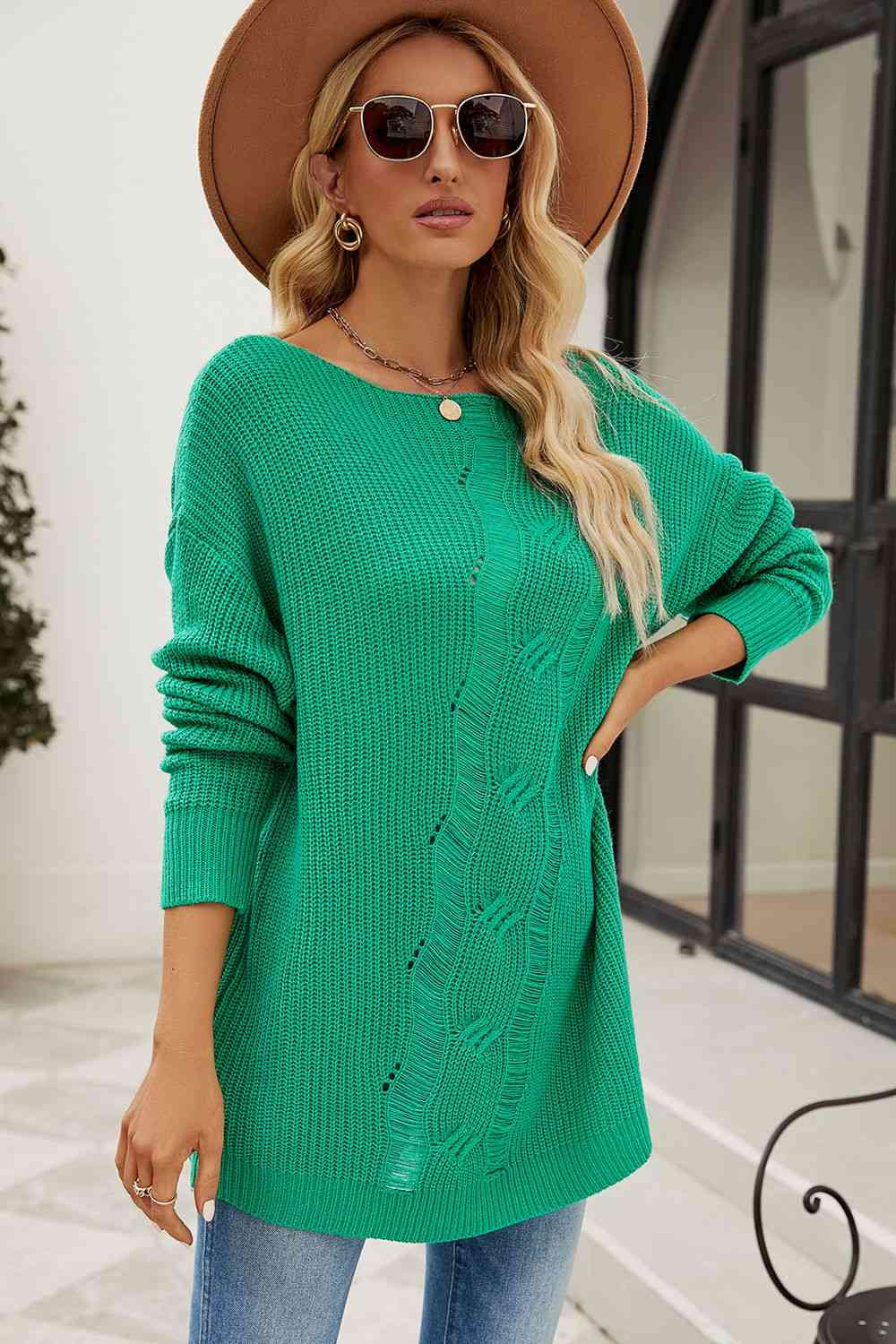 Boat Neck Dropped Shoulder Knit Top