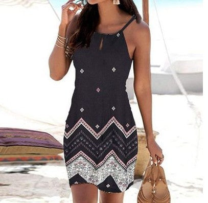 Halter neck printed sleeveless casual mini beach dress