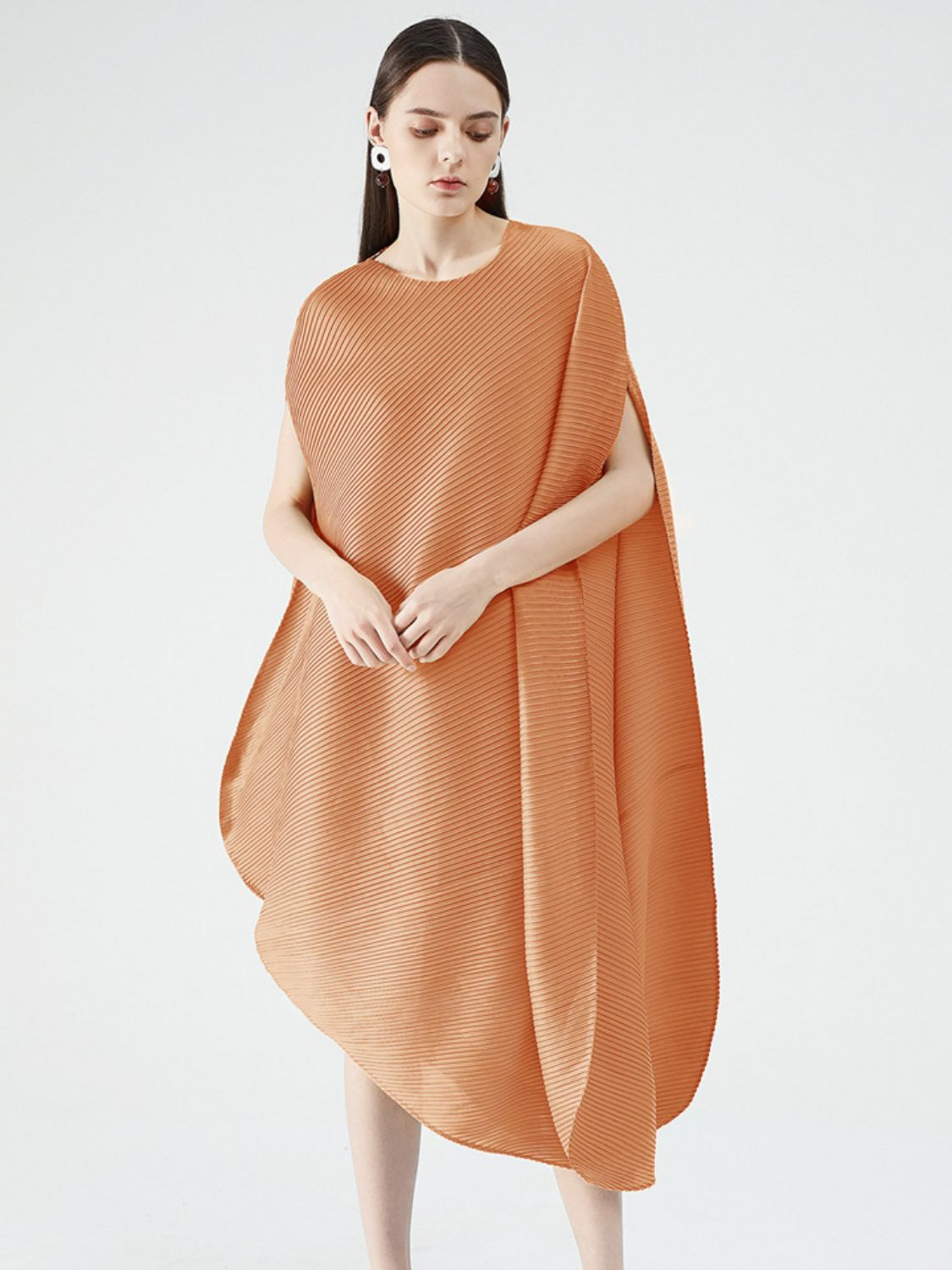 Accordion Pleated Round Neck Asymmetrical Hem Dress