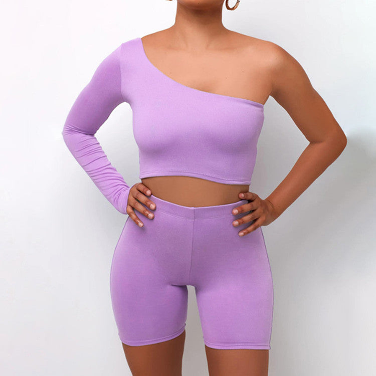 Pure Color Sexy One-shoulder Sports Yoga Two-piece Fashion Suit