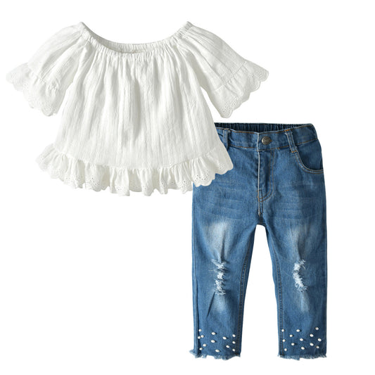 Girls Lace Pearl Jeans Set