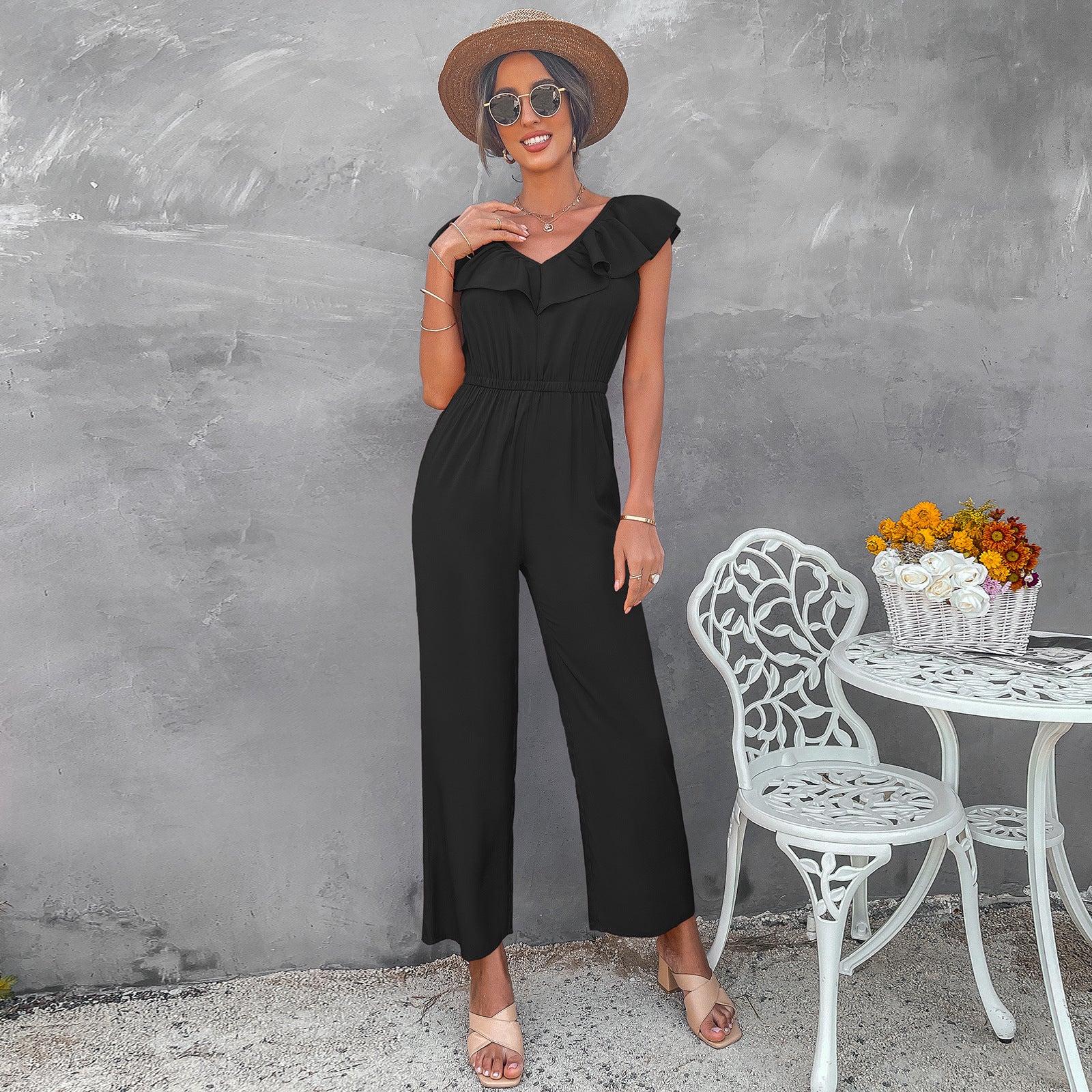 European And American Women's Solid Color Open Back Jumpsuit Summer Off Shoulder Casual Sundress Women Beachwear Jumpsuit Ruffle High Waist Jumpsuits Female Overalls Body Mujer - 4KsApparels