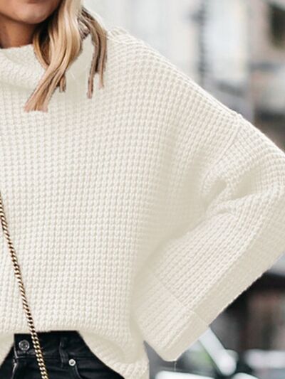 Waffle-Knit Turtleneck Round Neck Sweater