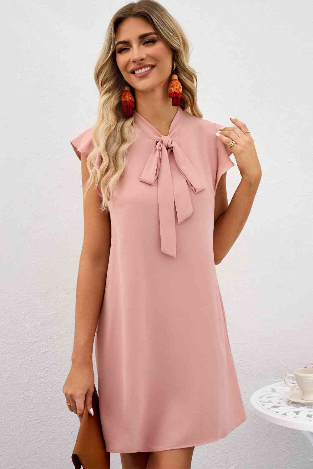 Tie Neck Flutter Sleeve Shift Dress