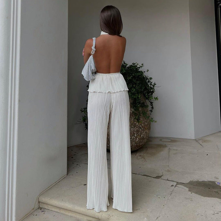 Backless Sleeveless Vest White Pleated High Waist Wide Leg Pants Suit