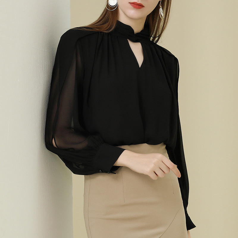 Women's See-through Pleated Long Sleeve Chiffon Shirt