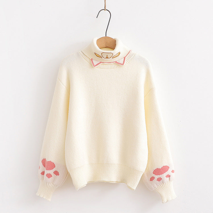 Women's Autumn Half Turtleneck Kitten Embroidered Knit Sweater - 4KsApparels