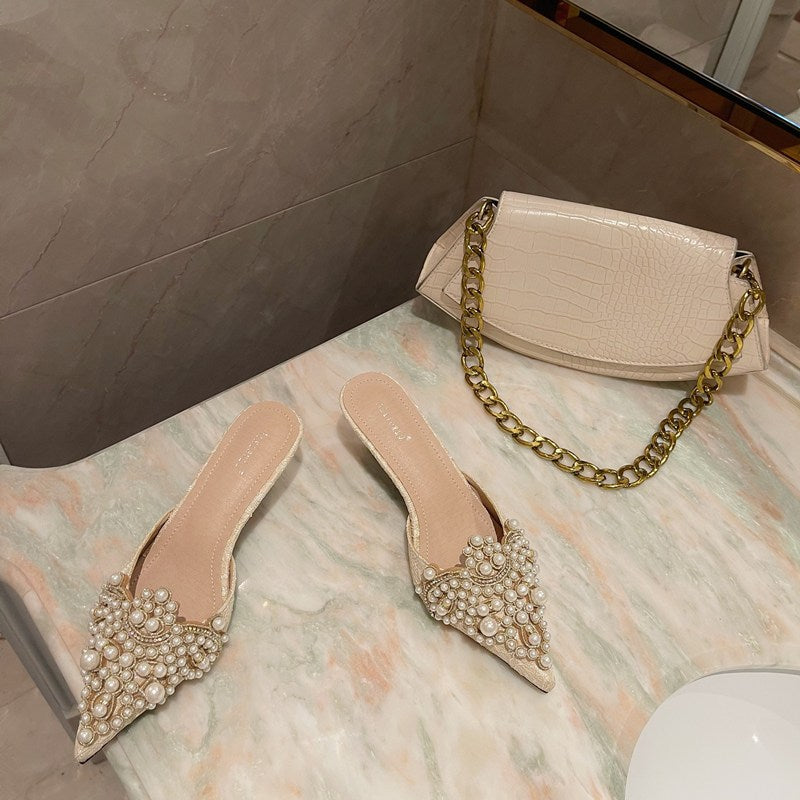 Beaded Pearl Lace Pointed Toe Stiletto Heel